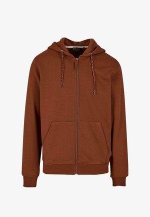 Pruun tõmbluku juurde hoodie, mis on valmistatud pehmest kangast, varustatud reguleeritava kapuutsiga, kahe esi-taskuga ning ribakudumistega varrukate ja hemiga.