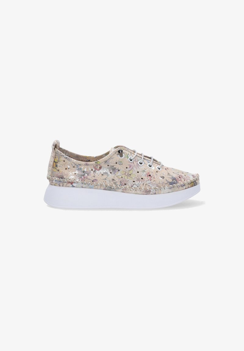 Lightweight, floral-patterned canvas shoes with a beige base, white rubber sole, and silver eyelets. Features a low-profile design.