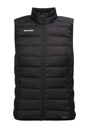 Schwarze ärmellose Steppweste mit hohem Kragen, Frontreißverschluss, seitlichen Taschen und gestepptem Design; verfügt über das 'MAMMUT'-Logo auf der linken Brust.