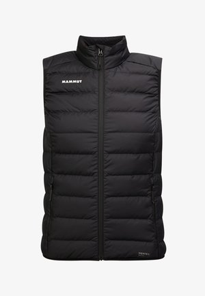 Black sleeveless puffer vest with high collar, front zip, side pockets, and quilted design; features 'MAMMUT' logo on the left chest.