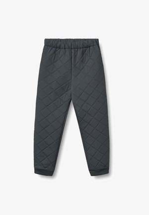 Gequilte donkergrijze broek met een elastische tailleband, voorzien van ruitvormige stiksels en aangesloten boorden bij de enkels.