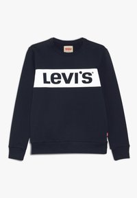 Felpa blu navy con striscia orizzontale bianca e logo "Levi's". Realizzata in misto cotone, con polsini e orlo a coste. Design classico a girocollo.