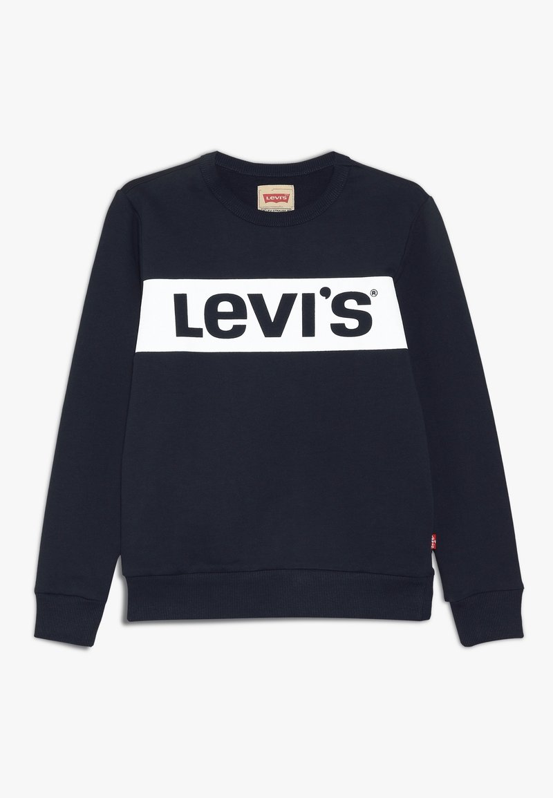 Felpa blu navy con striscia orizzontale bianca e logo "Levi's". Realizzata in misto cotone, con polsini e orlo a coste. Design classico a girocollo.