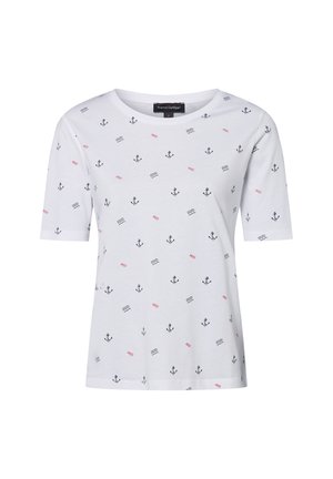 Weißes Baumwoll-T-Shirt mit einem wiederholten Anker- und Wellenmuster in Schwarz und Rot. Rundhalsausschnitt und kurze Ärmel.