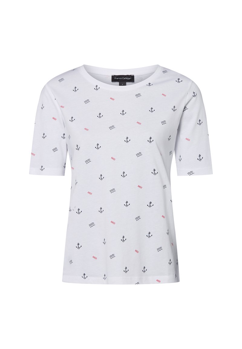 White cotton t-shirt featuring a repeated anchor and wave pattern in black and red. Crew neckline and short sleeves.