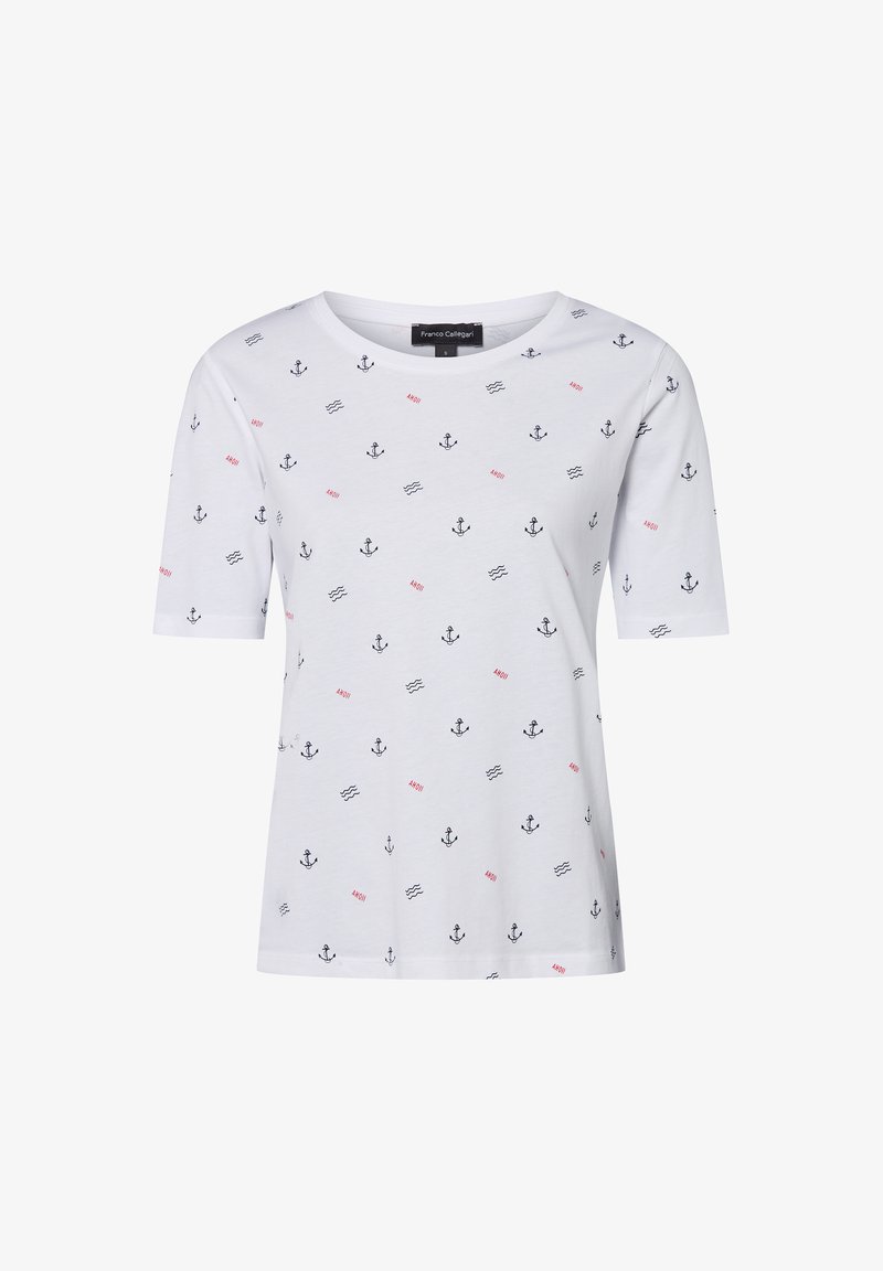 White cotton t-shirt featuring a repeated anchor and wave pattern in black and red. Crew neckline and short sleeves.