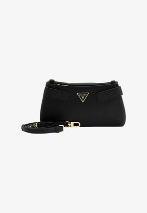 Sac à main noir Guess en matériau synthétique texturé, avec un logo triangulaire doré, une fermeture éclair supérieure et une bandoulière détachable.