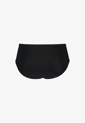 Czarna bielizna o bezszwowym designie, zaokrąglonym tyle i gładkiej fakturze. Materiał wydaje się elastyczny i lekki, idealny do komfortowego noszenia.