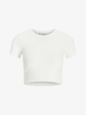 Bílý, krátký tričko vyrobené z žebrované tkaniny. Má kulatý výstřih a krátké rukávy. Hladká textura se přizpůsobeným střihem.