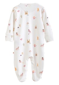 Body blanc à manches longues avec des imprimés ludiques, comprenant des licornes, des châteaux et des fleurs. Matière douce avec des poignets et des pieds côtelés.