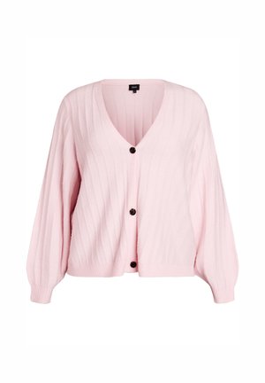 Lichtroze cardigan met een V-hals, een geribbelde textuur, lange ballonmouwen en vier donkere knopen aan de voorkant. Zacht, gebreid materiaal.