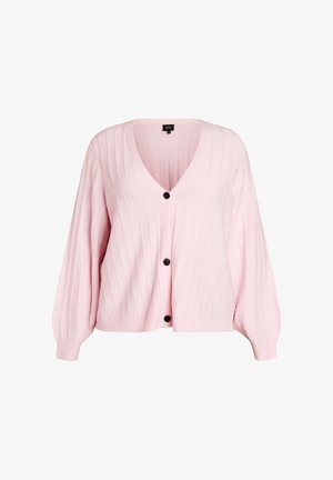 Lichtroze cardigan met een V-hals, een geribbelde textuur, lange ballonmouwen en vier donkere knopen aan de voorkant. Zacht, gebreid materiaal.