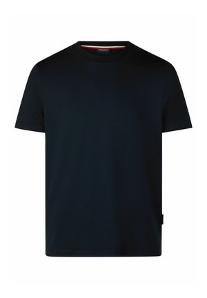 Marineblauwe T-shirt van zacht katoen, met korte mouwen, een ronde hals en subtiele stikdetails aan de zoom en mouwen.