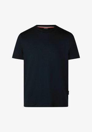 Marineblaue T-Shirt aus weichem Baumwollmaterial, mit kurzen Ärmeln, einem Rundhalsausschnitt und dezenten Nähten am Saum und an den Ärmeln.