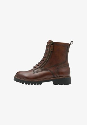 Braune Leder-Stiefeletten mit Schnürung vorne, seitlichem Reißverschluss und robustem schwarzen Gummisole. Sie verfügen über gestickte Akzente und eine Zuglasche.