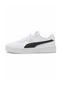 Adidași albi cu o dungă neagră PUMA, talpă din cauciuc texturat, vârf rotunjit și design cu șireturi. Prezintă o marcă de aur pe lateral.
