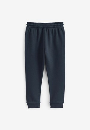 Mørkeblå sweatpants med elastisk talje, indsnævrede benåbninger og en glat tekstur. Velegnet til afslappet brug.