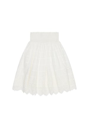 Weißer knielanger Rock mit breitem, elastischem Bund, besticktem Lochmuster mit Blumenmotiv und gewelltem Saum.