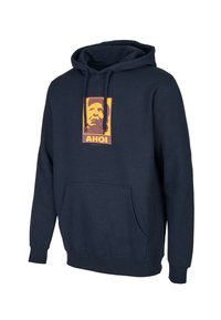 Marineblaue Kapuzenjacke aus Baumwollmischung, mit einem grafischen Druck von "AHOI" und einem Porträt, Kängurutasche und gerippten Bündchen.