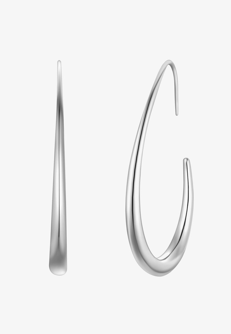 Srebrni uhani v obliki obročkov, ki imajo eleganten, podolgovat kapljični dizajn z poliranim zaključkom in gladko teksturo.