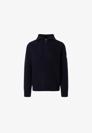 Navy gestrickter Pullover mit Viertelreißverschluss, strukturiertem Kragen, gerippter Textur und schmalem Saum, mit einem Logo auf dem linken Ärmel.