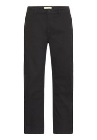 Black cotton chinos with a straight-leg design, front button closure, and subtle stitching details. Smooth texture, classic fit.