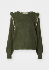 Pull en tricot vert olive à manches longues, avec détails volantés aux épaules et bordures crème aux poignets, à l'ourlet et à l'encolure.