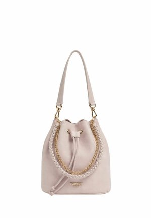 Borsa a secchiello beige chiaro con tracolla intrecciata, dettaglio catena dorata, chiusura con coulisse e logo Twinset dorato sul davanti.