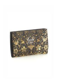 Portafoglio nero con motivi floreali e di uccelli in oro, superficie testurizzata e dettaglio del logo. Forma compatta e rettangolare con una finitura liscia.