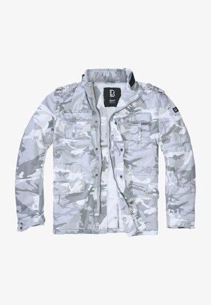 Gray camouflage jacket with a zip front, multiple front pockets, and a stand collar. Made of lightweight fabric with a soft inner lining.