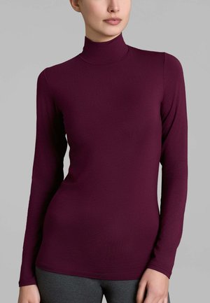 Maglietta a maniche lunghe color bordeaux con collo alto, realizzata in un tessuto morbido e con un design aderente, caratterizzata da un collo alto e una costruzione senza cuciture.