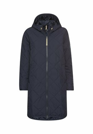 Navyblauwe gevoerde lange jas met een capuchon, een ritssluiting aan de voorkant, twee zijzakken en een zachte textuur. Bevat een subtiele glans en een modern ontwerp.