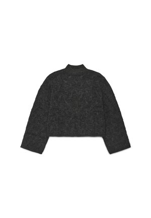 Maglione corto grigio scuro in maglia grossa con maniche lunghe larghe e colletto alto a coste, disteso su sfondo bianco.