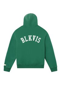 Sweat à capuche vert avec l'inscription blanche "BLKVIS" sur le dos, fabriqué en tissu doux avec poignets et ourlet côtelés.