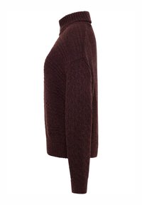 Bordinės spalvos megztinis su aukštu apykakliu, tekstūruotu raštu ir nuleistais petim. Ilgos rankovės, su ribotomis rankogaliais ir apačia.