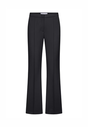 Black tailored straight-leg trousers with front seams and a concealed front fastening.
