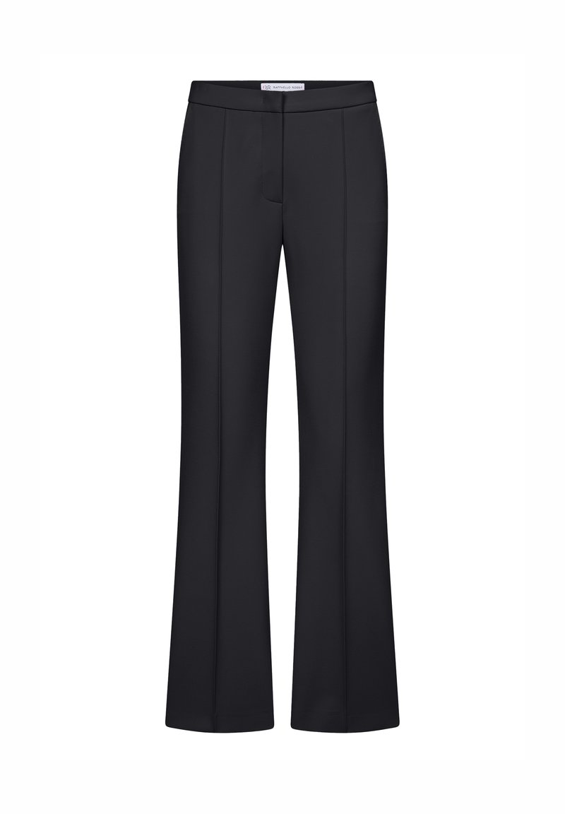 Schwarze maßgeschneiderte geradlinige Hosen mit Vordernähten und einem verdeckten Frontverschluss.