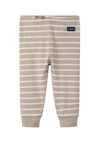 Beige gestreepte kinderbroek met horizontale witte strepen, zachte stof, elastische tailleband en een klein blauw label met het "P.O.P" logo.