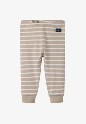 Beige striped children’s pants featuring horizontal white stripes, soft fabric, elastic waistband, and a small blue tag with "P.O.P" logo.