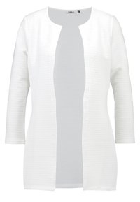 Langer weißer Cardigan mit strukturiertem Muster, offener Front und Dreiviertelärmeln. Hergestellt aus leichtem Stoff zum Schichten.