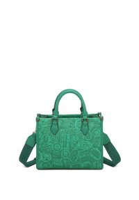 Groene handtas met een gestructureerd oppervlak met een patroon van paspoortstempels. Rondom gesneden handvatten en een afneembare schouderriem. Rechthoekige vorm.