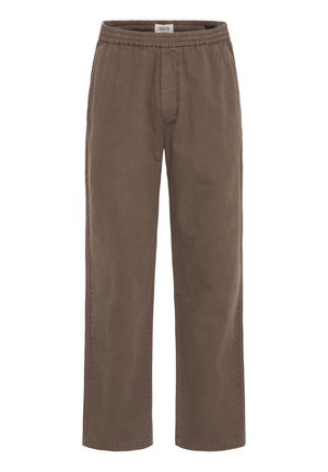 Brown, lightweight, cotton trousers with an elastic waistband, straight cut, and no visible pockets or embellishments.