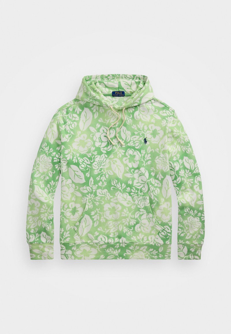 Green hoodie made of soft fabric, featuring an all-over floral pattern in light green and white. Includes a front pocket and drawstring hood.