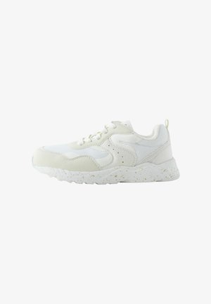 White athletic shoe featuring a mix of mesh and synthetic materials, textured accents, and a speckled sole design for added detail.
