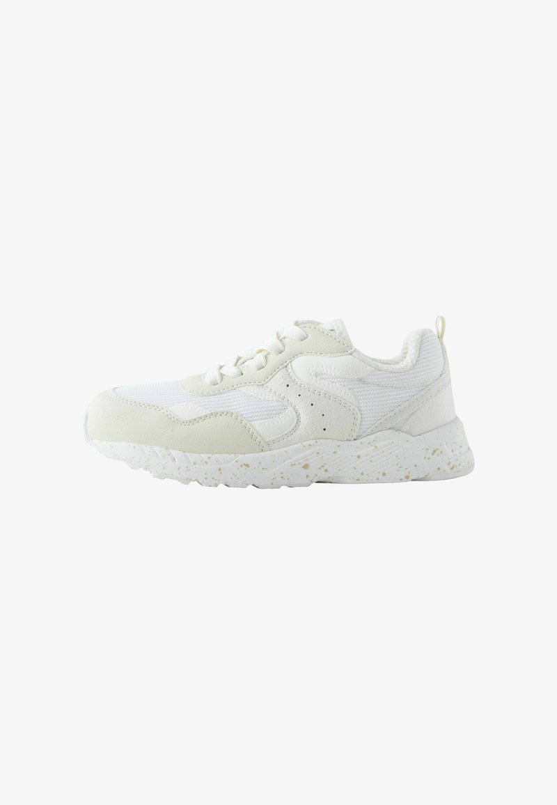 White athletic shoe featuring a mix of mesh and synthetic materials, textured accents, and a speckled sole design for added detail.