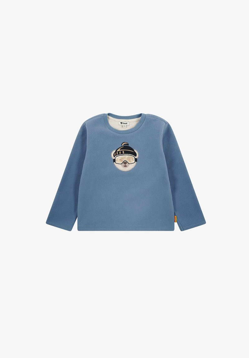Sudadera de forro polar azul claro con mangas largas y cuello redondo, que presenta un gráfico de un oso con ropa de invierno en la parte frontal.