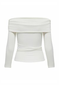 Søndervarmet bluse med lange ærmer, lavet af blødt hvidt stof, med rynkede detaljer langs udskæringen og en tætsiddende silhuet.