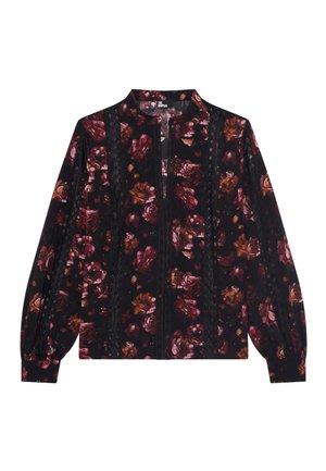 Blomsteret lynlåsbluse i sort med burgundy- og lyserøde rosemønstre. Har en høj krave og lange puffærmer med blonde-detaljer.