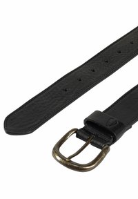 Zwarte leren riem met een gestructureerd oppervlak, voorzien van een bronzen gesp en verstelbare gaten langs de band voor maatvoering.