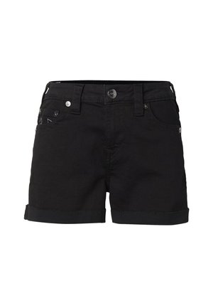 Zwarte denim shorts met knoop- en ritssluiting aan de voorkant, riemlussen, opgerolde zoom en een ontwerp met vijf zakken.